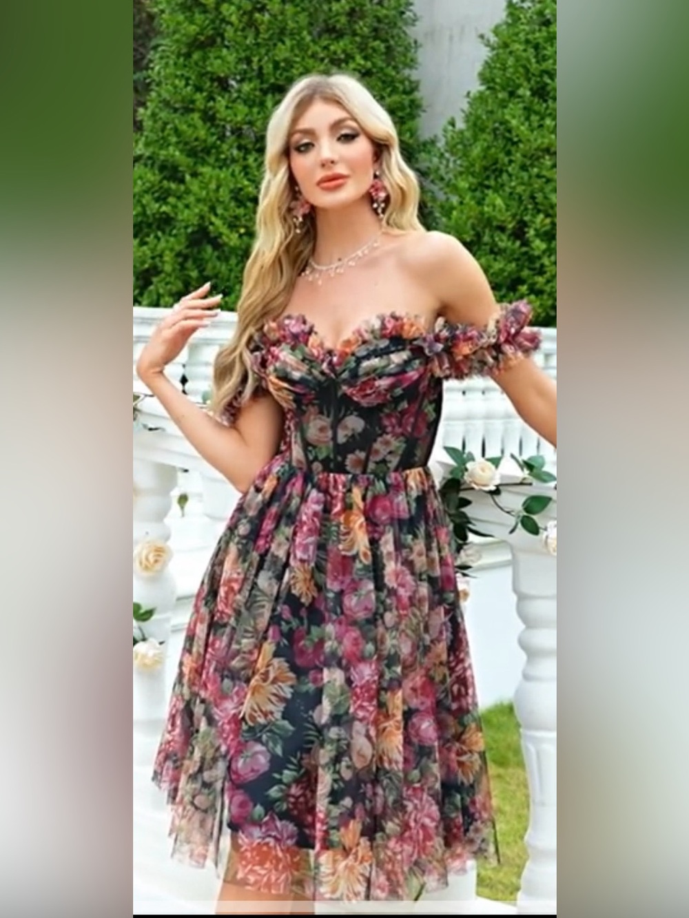 Floral Off-Shoulder A-Line Dress - Black Multi Sz. XL Coquette Romantic